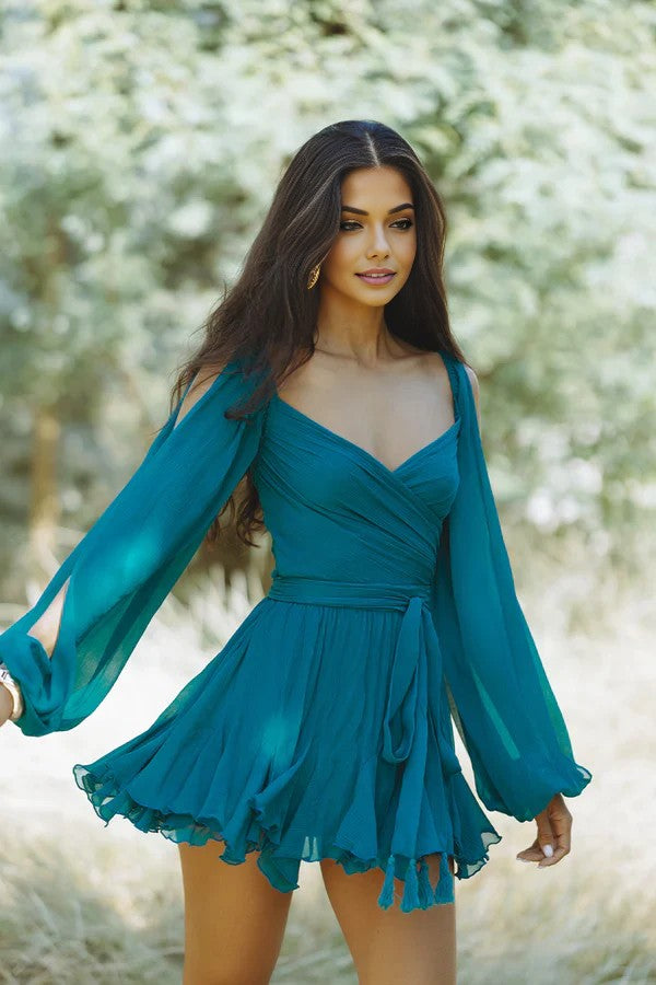 Amelia - Elegant A-Line V-Neck Ruffle Mini Dress